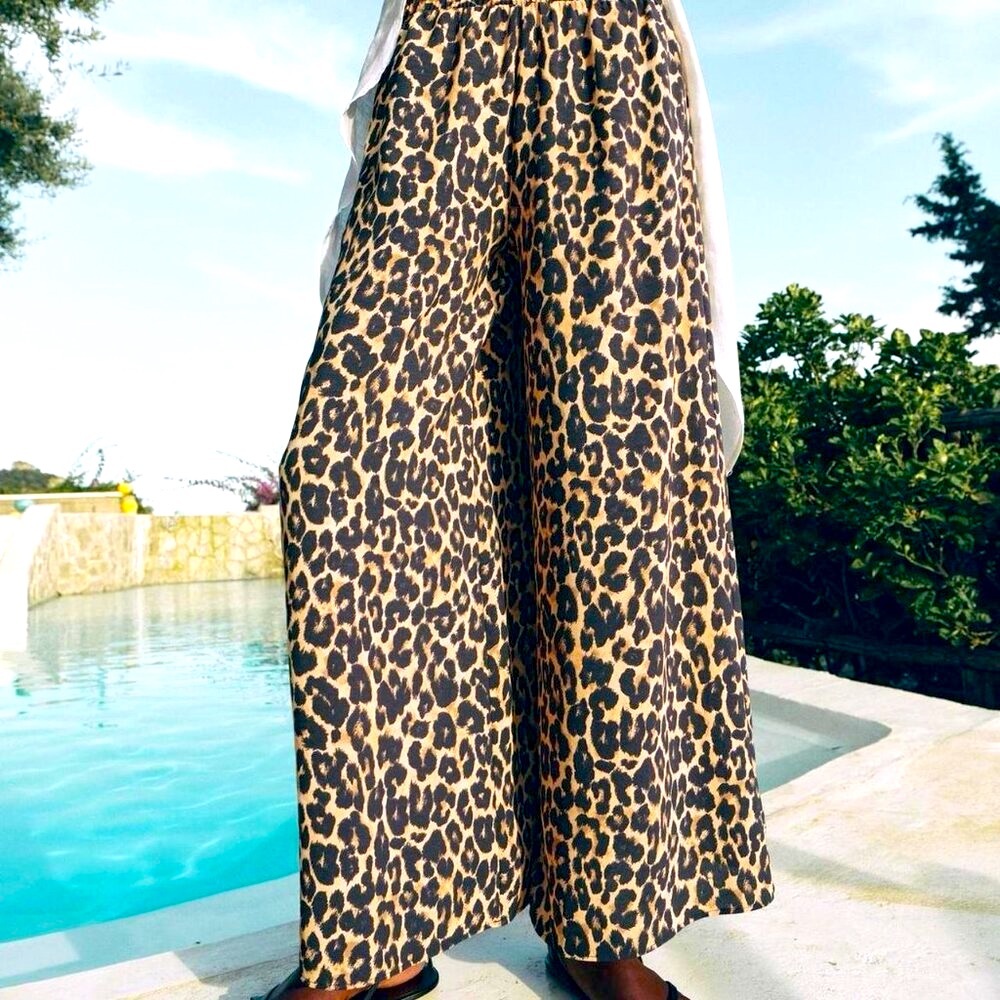 ZARA Wide Leopard Print Women's Pants NWOT Size Large
